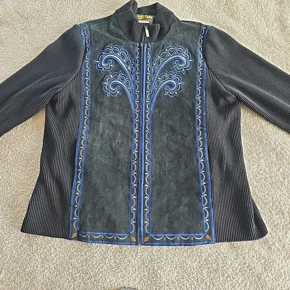 Vtg Bob Mackie Wearable Leather & Knit Jacket Embroidered Black Sz XL Statement! - Picture 12 of 16